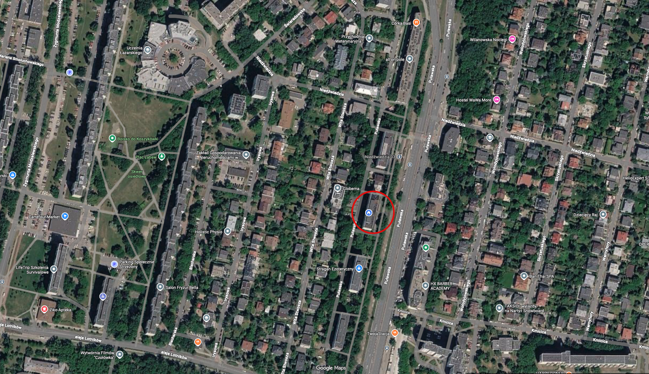 Widok satelitarny budynku Wspólnoty Mieszkaniowej Puławska 234